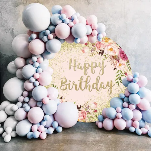 Miniatura 3 de Telón de fondo redondo de feliz cumpleaños, 5 x 5 pies, fondo de fotografía de flores rosas rosas Bokeh para bebés, niñas, mujeres, decoración