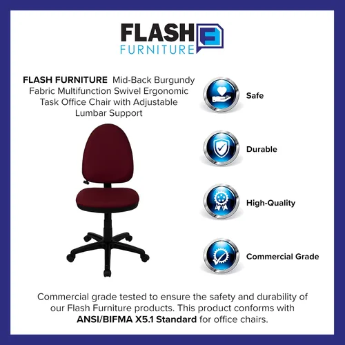 Miniatura 6 de Flash Furniture Silla de oficina ergonómica giratoria multifunción de tela burdeos con soporte lumbar ajustable Borgoña