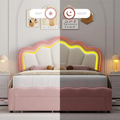 Miniatura 7 de HOSTACK Base de cama LED tapizada tamaño Queen con cajones de almacenamiento, bonita cama para niñas con cabecera de loto ajustable, marco de cama