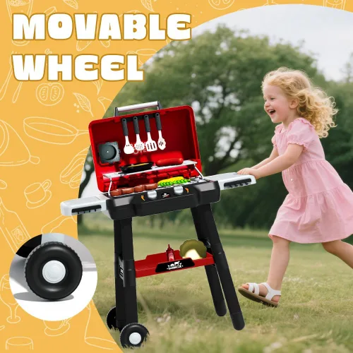 Miniatura 4 de Juego de Parrilla para Niños, Parrilla de Juguetes BBQ con Sonido de Humo, Luz y Rueda, Juguetes de Cocina de Simulación Movibles para Niños