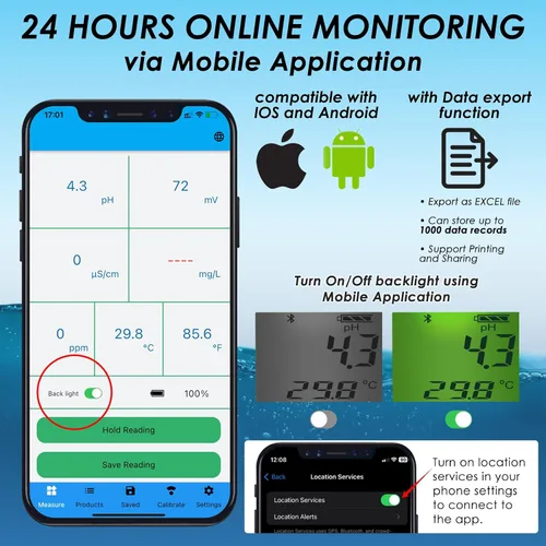 Miniatura 2 de Probador inalámbrico de calidad de agua 6 en 1, monitor de calidad de agua flotante Bluetooth para piscinas, spas e hidroponía, pH, EC, ORP, cloro