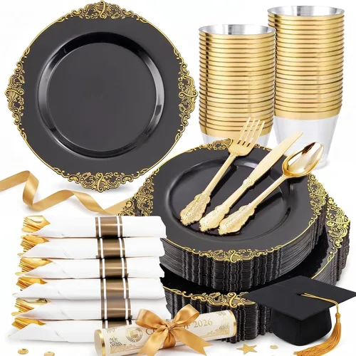 Miniatura 23 de Nervure 175 platos de plástico dorado transparente, platos desechables dorados para fiestas y servilletas preenrolladas con cubiertos para 25 Claro