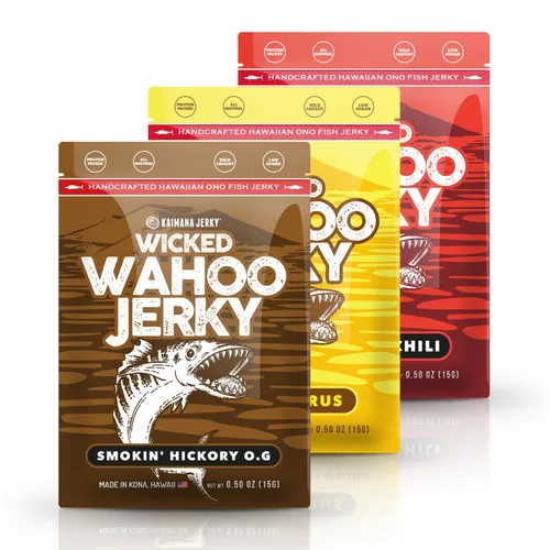 Miniatura 9 de Kaimana Jerky Ahi - Paquete de muestra de atún y salmón - Cecina de pescado totalmente natural y capturada en la naturaleza. Fabricado en Estados
