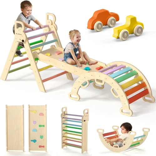 BlueWood Pikler - Juego de triángulos 7 en 1 plegables, juguetes de escalada Montessori de madera con arco y rampa y escalera, escalador para bebés,