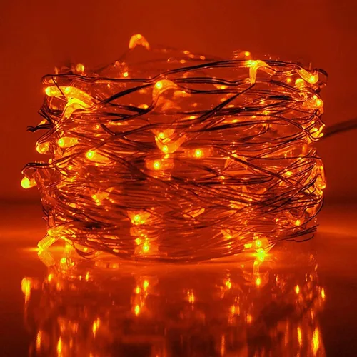 Miniatura 2 de RUICHEN Guirnalda de luces regulables enchufables de 33 pies, 100 luces LED de alambre plateado con control remoto, color naranja