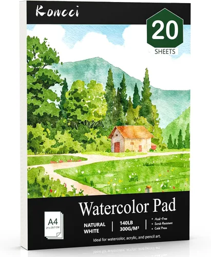 Koncci Papel de acuarela A4, almohadilla de papel de color de agua de prensa en frío, 140 libras/300 gsm, 8.3 x 11.7 pulgadas, encuadernado con