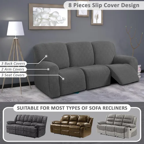 Miniatura 5 de ULTICOR - Juego de 8 fundas para sofá reclinable de jacquard, fundas para sofá reclinable elásticas para 3 cojines, gruesas, suaves, lavables Gris