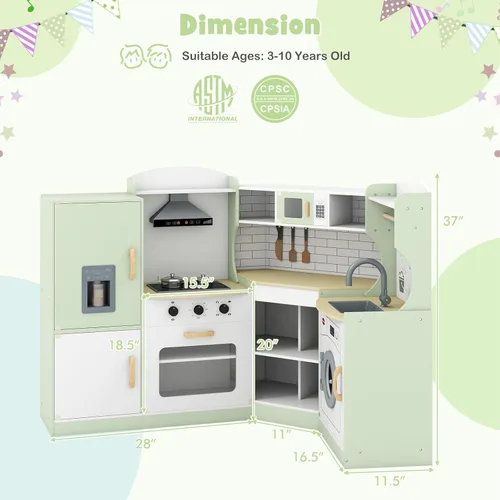 Miniatura 6 de Costzon Juego de cocina esquinera para niños, cocina de madera con sonidos y luces, lavadora, campana extractora, máquina de hielo, microondas, Verde