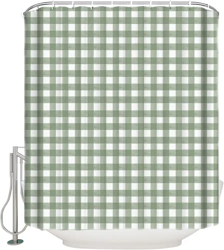 Miniatura 2 de Juego de cortinas de ducha a cuadros verde salvia, tamaño pequeño, 36 x 72 pulgadas, cortina lavable para bañera con 12 ganchos, cortinas de ducha