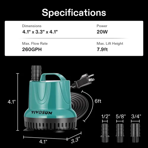 Miniatura 6 de VIVOSUN Bomba de agua sumergible de 260 GPH y 20 W para pecera, estanque, acuario, sistemas hidropónicos con cable de alimentación de 6 pies y 3