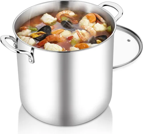TeamFar Olla de 12 cuartos de galón, olla grande de acero inoxidable 18/10 con tapa para cocinar a fuego lento/guisar, para inducción/gas/cerámica,