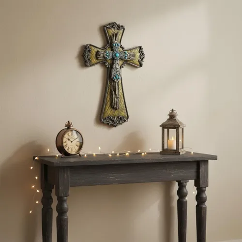 Miniatura 3 de Comfy Hour Cruz de pared decorativa de diamante azul de 12 pulgadas, rollo victoriano adornado con detalles turquesa, placa religiosa de madera