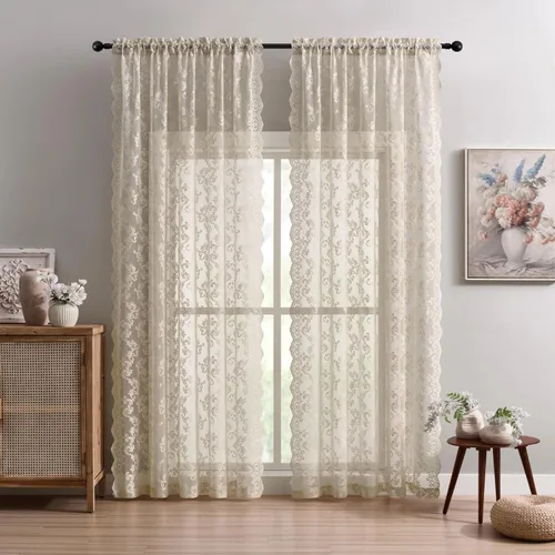 Miniatura 40 de Cortinas de encaje transparentes FOLKSIDE de 72 pulgadas de largo, juego de 2 cortinas florales victorianas de paisley para sala de estar, recámara
