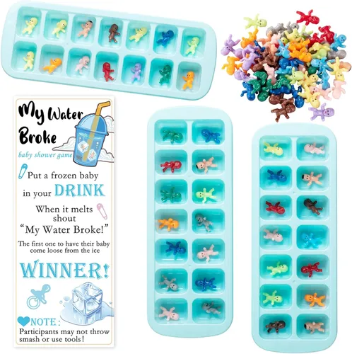 ZYFLSQ My Water Broke Baby Shower Game 60 mini bebés de plástico multicolor, 3 bandejas de cubitos de hielo, 1 letrero