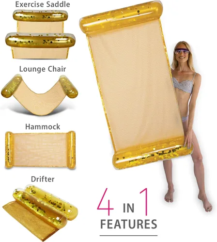 Miniatura 4 de POZA Hamaca inflable de agua – Lujosa tumbona flotante de piscina rellena de confeti, silla de ejercicio 4 en 1, silla de descanso, hamaca y Oro