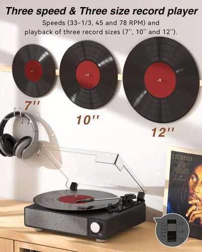Miniatura 5 de MONODEAL - Tocadiscos de vinilo con altavoces, tocadiscos de 3 velocidades para discos de vinilo con transmisor Bluetooth, parada automática, salida