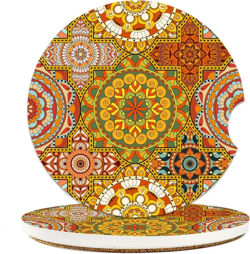 Posavasos para Portavasos de Coche con Mandala Bohemio, Paquete de 2 Posavasos para Coche, Accesorios Interiores Estéticos para Hombres y Mujeres,