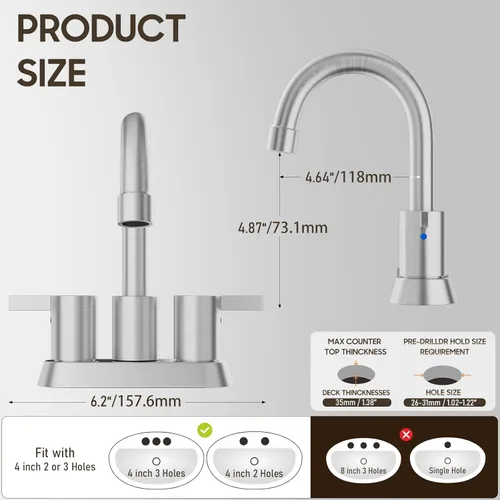 Miniatura 7 de Phiestina Grifo de Lavabo de Baño de Níquel Cepillado de 4 Pulgadas con 2 Manijas Centerset Sin Plomo, con Desagüe Emergente de Cobre y Líneas