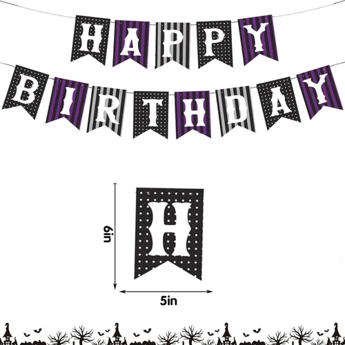Miniatura 5 de Decoraciones de cumpleaños de miércoles con remolinos colgantes negro y morado, decoración de fiesta, pancarta gótica de tela de araña morada