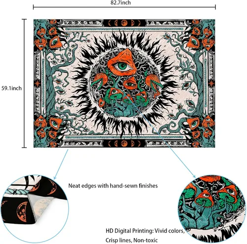 Miniatura 6 de Cohpoh Tapiz de sol de hongos (59.1 x 82.7 pulgadas) – Sol ardiente, hongos, ojos y vides – Colgante de pared para dormitorio, sala de estar, oficina