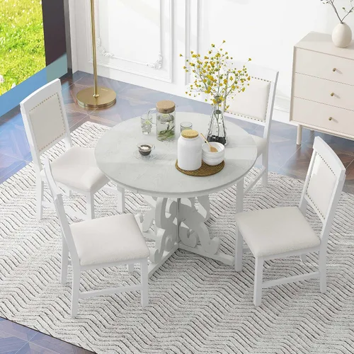 Miniatura 2 de Merax - Juego de mesa de comedor redonda extensible para 4-6, juego de mesa de cocina de granja con 4 sillas tapizadas y hojas extraíbles
