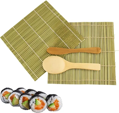 JapanBargain, Kit de fabricación de sushi, 2 alfombrillas de bambú verde con paleta de arroz y esparcidor, juego de rodillos de sushi japonés para