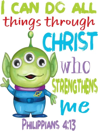 Miniatura 4 de Toy Story - Juego de 4 impresiones de acuarela cristiana sin marco, Woody, Buzz Lightyear, Mr. Potato Head y Alien con versos de la Biblia