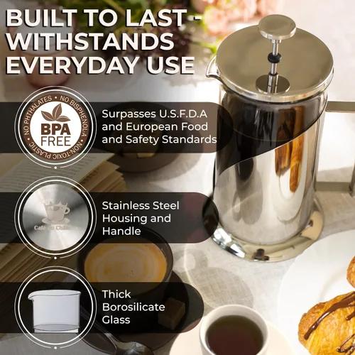 Miniatura 4 de Cafe Du Chateau Cafetera de prensa francesa de acero inoxidable de 34 onzas, prensa de café aislada fácil de usar con filtración de 4 niveles, A.