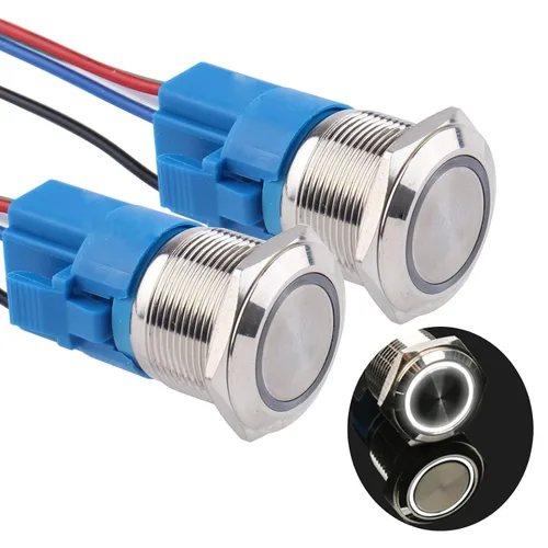 Miniatura 12 de Paquete de 2 interruptores de botón momentáneos de 0.63 pulgadas, 12 V-24 V, LED, impermeable, de metal, 1 NO 1 NC, con enchufe de cable