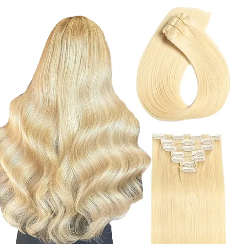 Extensiones de cabello humano real #613 con pinzas, 24 pulgadas, 3.53 onzas, 7 unidades, extensiones Remy sin costuras, trama de piel de encaje