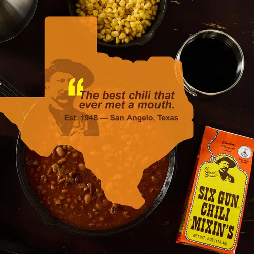 Miniatura 3 de Six Gun Chili Original Mixin's - Auténtica mezcla de condimentos estilo Texas, paquete individual (4 onzas) Receta galardonada de San Angelo Sin