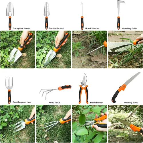 Miniatura 3 de Gartden Tools, 10 herramientas de jardín de acero inoxidable para jardinería con mango ergonómico antideslizante, herramientas de mano de jardín