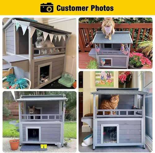 Miniatura 5 de Aivituvin Casa de gatos al aire libre resistente a la intemperie con dos pisos, refugio para gatos salvajes con puertas de escape, madera maciza