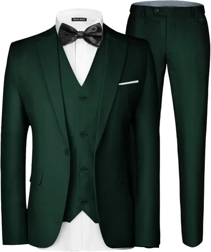 MAGE MALE - Traje de 3 piezas para hombre elegante, color liso, corte entallado, chaqueta de un botón, chaleco y pantalón, botonadura simple, ideal