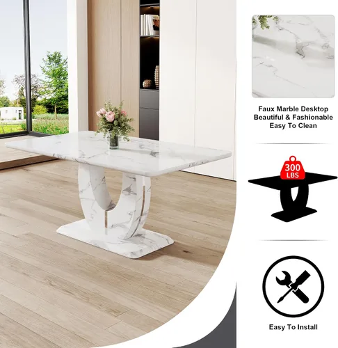 Miniatura 4 de JUFU Juego de mesa de comedor de 7 piezas para 6, mesa de cocina de mármol sintético blanco de 63 pulgadas con 6 sillas voladizas tapizadas, juego