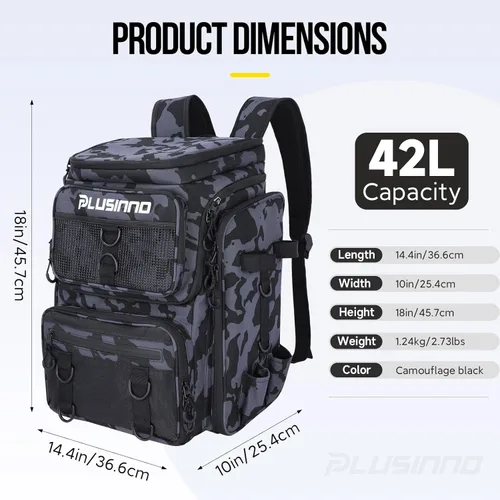 Miniatura 9 de PLUSINNO Mochila de aparejos de pesca con soportes para cañas, 42L resistente al agua bolsa de pesca tienda equipo de pesca, regalos de pescador