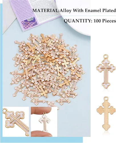 Miniatura 3 de YETOOME 100 colgantes de cruz blanca esmaltada de aleación, placa dorada, colgantes de cruz para collares, pulseras, joyería, manualidades
