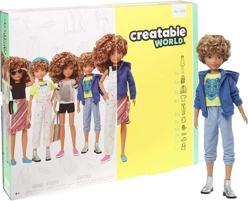 Creatable World Deluxe DC-220 - Kit de personajes personalizable con cabello rubio rizado, 6 piezas de ropa de muñeca, 3 pares de zapatos y 2