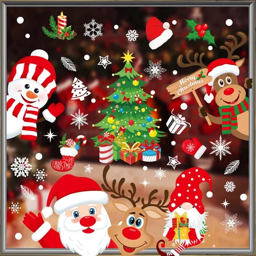 Miniatura 2 de Calcomanías navideñas para ventana, 267 unidades, reutilizables, de doble cara, impresas, autoadhesivas, decoración de ventana, Papá Noel, alce