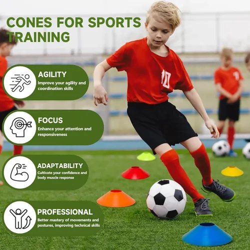 Miniatura 4 de 35/65/105 piezas de conos de fútbol de agilidad para entrenamiento, conos deportivos reutilizables para ejercicios con bolsa de malla, conos
