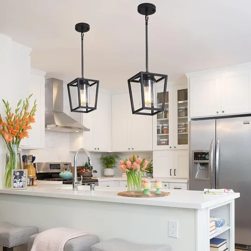 Miniatura 8 de SGLfarmty Luces colgantes negras para isla de cocina, 1 luz moderna de granja, jaula de metal ajustable, lámpara colgante con pantalla de vidrio