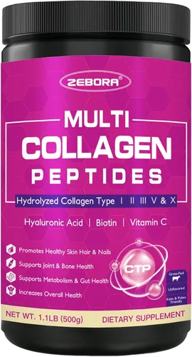 ZEBORA Polvo de péptidos de colágeno 50 porciones, multicolágeno hidrolizado tipo I II III V X con ácido hialurónico, biotina, vitamina C – Apoya la