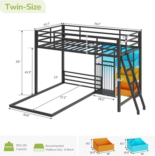 Miniatura 2 de Hasuit Litera baja individual sobre individual con organizador grande de almacenamiento de juguetes y 3 contenedores, luces LED, literas de suelo