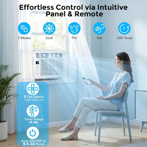 Miniatura 4 de Electactic Aire acondicionado de ventana de 6,000 BTU, unidad de CA tipo ventana con refrigeración, modo seco, 4 velocidades de ventilador