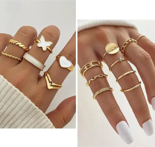 Miniatura 5 de VKME Juego de 45 piezas de joyería dorada para mujeres y niñas, aretes colgantes delicados, elegantes anillos de nudillos, pulseras y collares