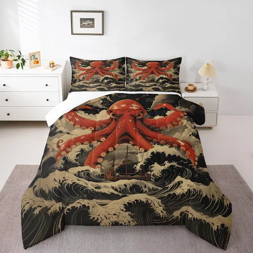 Miniatura 7 de Octopus - Juego de edredón para niños, tamaño matrimonial, nubes oscuras, olas del océano, juego de ropa de cama retro trippy decoración de Rojo