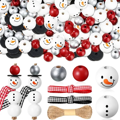 Miniatura 9 de 180 piezas de cuentas de madera de muñeco de nieve de Navidad con estampado de tartán de búfalo de Navidad, cuentas de madera redondas de invierno