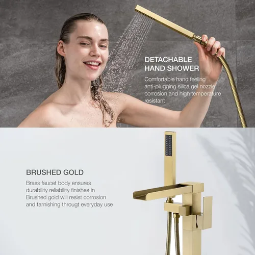 Miniatura 3 de Taplong Grifo de bañera independiente de oro cepillado con relleno de bañera de pie en cascada de alto flujo con ducha de mano-51001ZBGG