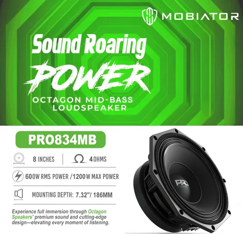Miniatura 2 de PRO834MB - Altavoz – Cesta de aluminio de bajo medio de 8 pulgadas, 1200 W máximo, 600 W RMS, 4 ohmios – Altavoces de puerta de audio de alta