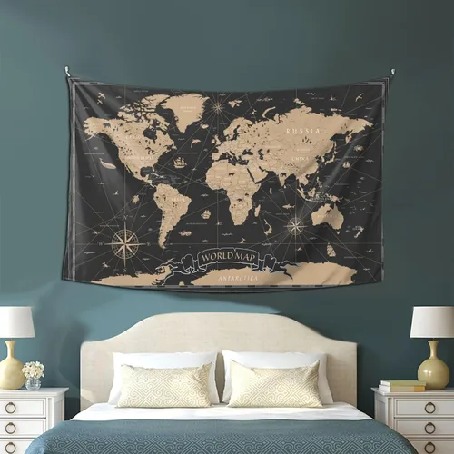 Miniatura 8 de MOUNDHONG Tapiz negro retro con mapa del mundo para colgar en la pared, tapiz de arte retro para pared, tapices de pared grandes para dormitorio